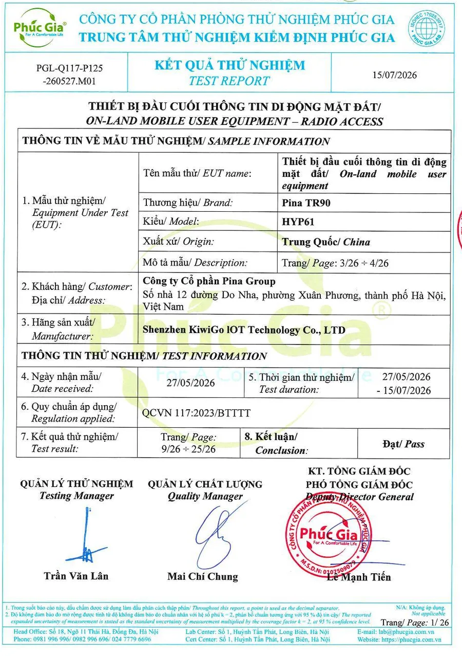 Trang bìa báo cáo kết quả thử nghiệm QCVN 117:2023/BTTTT cho thiết bị Pina TR90